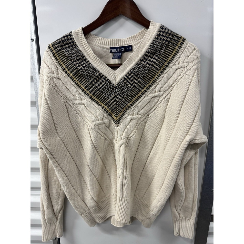 Vintage Nautica Sport Club‎ V-Neck Cable Knit Sweater Cream SZ Medium 90s Cotton